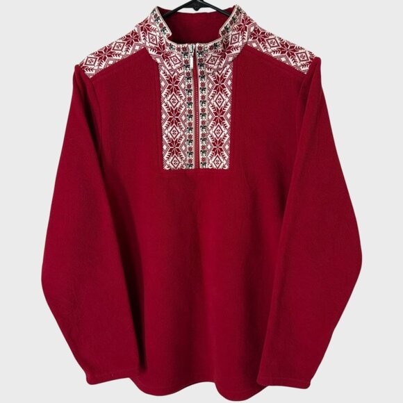 LL Bean Nordic Fair Isle 1/4 Zip Fleece Pullover Sweater Red Women's Size Medium - Picture 1 of 10